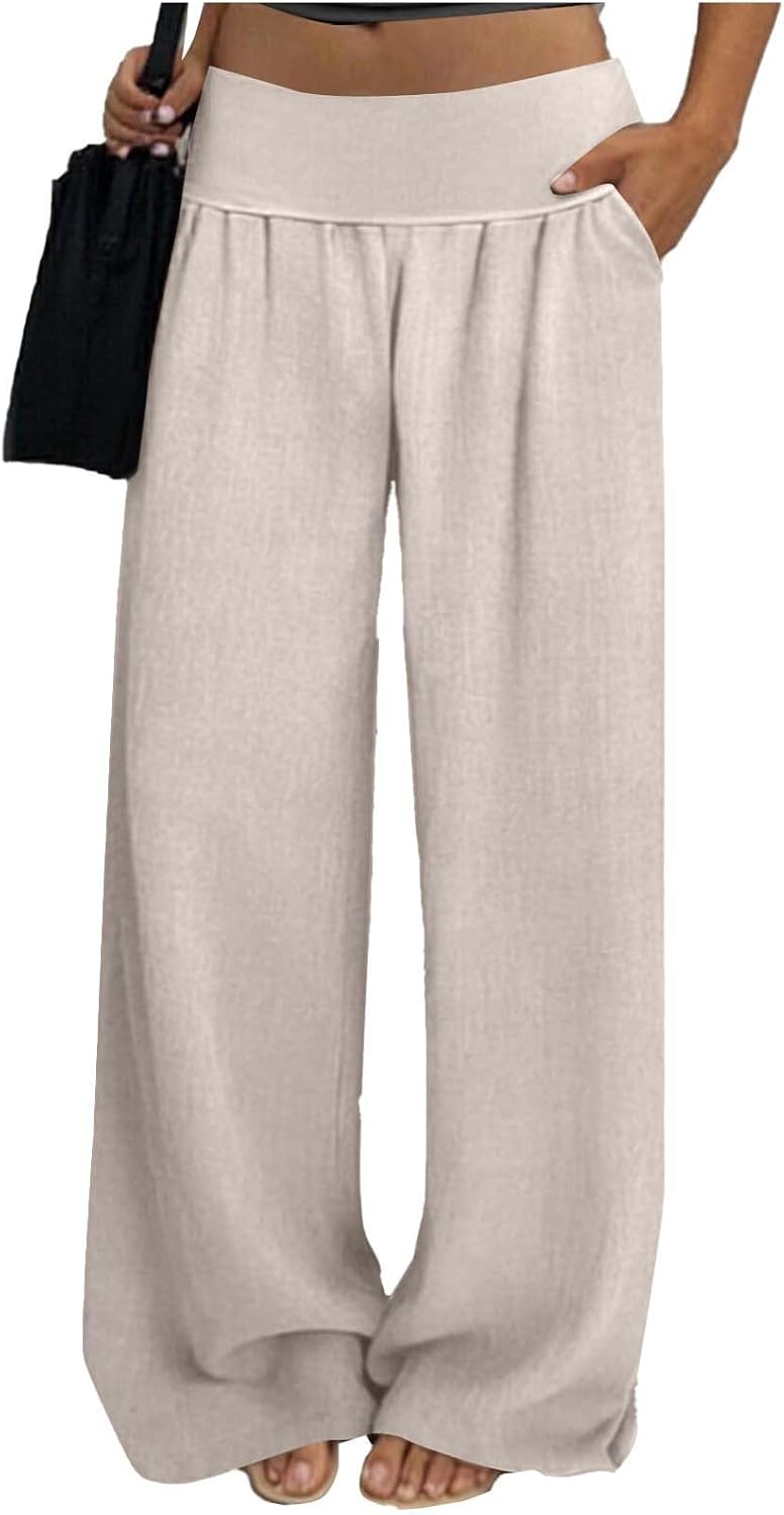 Women's Cotton Linen Wide Leg Pants Summer Yoga High Waisted Pants Casual Palazzo Lounge Trousers with Pockets