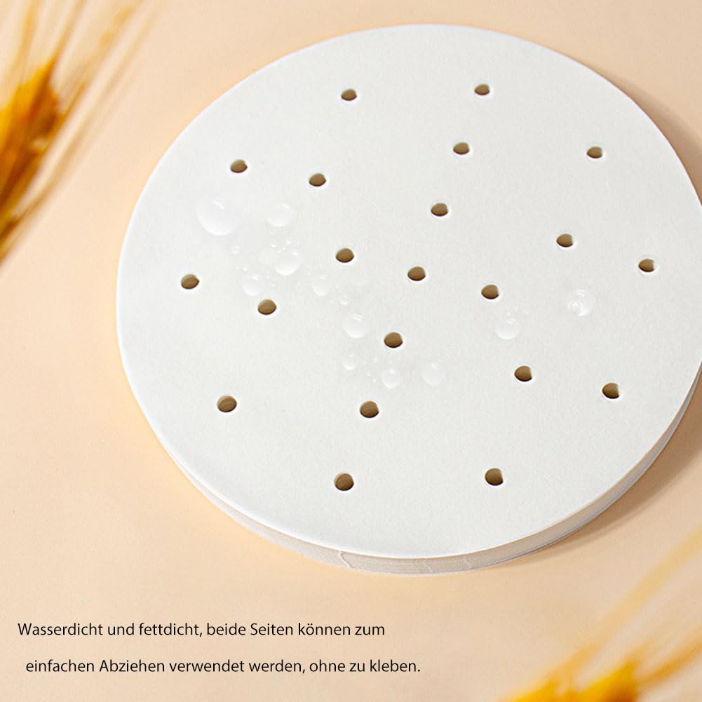 25 cm Backpapier für Heißluftfritteuse, 50 Stück Rund Antihaft Pergament für Dim Sum, Dampfgarer, Bambusdämpfer, Steamer Liner