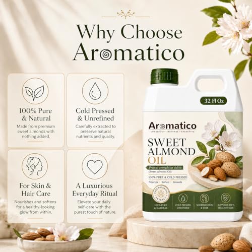 Image of AROMATICO Sweet Almond Oil for Skin, Hair and Body Care, Multipurpose Carrier Oil for Massage, Scalp Care, Dry Skin Routine, DIY Beauty and Natural Glow - 946 ml