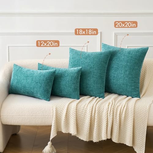Image of MIULEE Pack of 2 Couch Throw Pillow Covers 12x20 Inch Soft Teal Chenille Lumbar Pillow Covers for Sofa Living Room Solid Dyed Cases