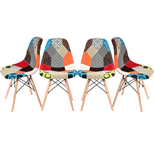 Conjunto de 4 sillas de tela de Panana, estilo retro de Patchwork, de madera, para comedor, salón u oficina