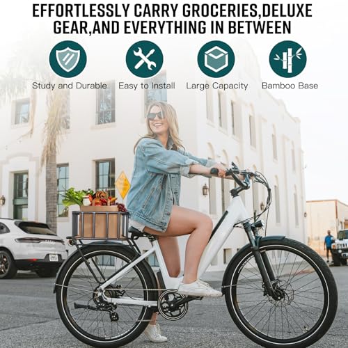 RAYMACE Bike Basket Rear, Bamboo Base Bicycle Basket with Rainproof Cover, Liner & Cargo Net, Large Capacity Rear Bike Rack Baskets Fits Most Bikes & E-Bike - Thumbnail 3