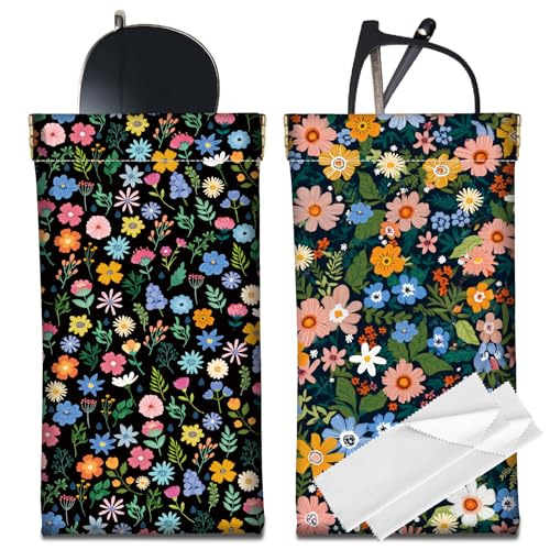 CREATCABIN Estojo de óculos de sol fino de couro com 2 peças, bolsa de proteção para óculos de sol com flores coloridas, bolsa protetora para viagem, Flor colorida, 18 x 9cm