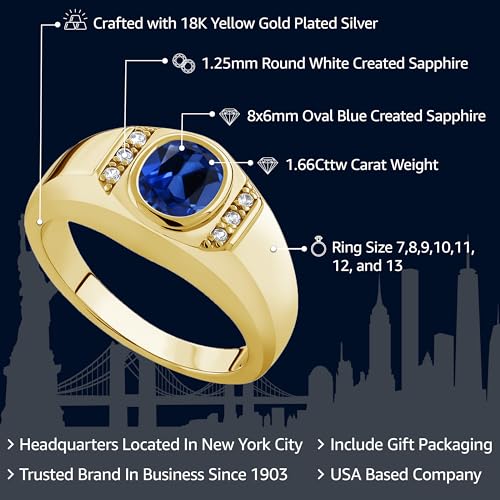 Gem Stone King Men's Gemstone Birthstone and White Created Sapphire Ring in 18K Yellow Gold Plated Silver | Oval Cut 8X6MM with Round 1.25MM Accents | Fine Jewelry For Men | Sizes 7-132