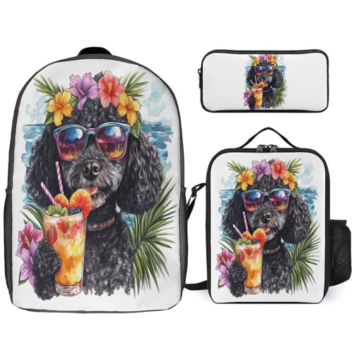 Tropical Beach Dog Flower Palm Leaves Backpack Set 3 Pieces Backpacks Lunch Bag Wallet For Travel Outdoor Sports