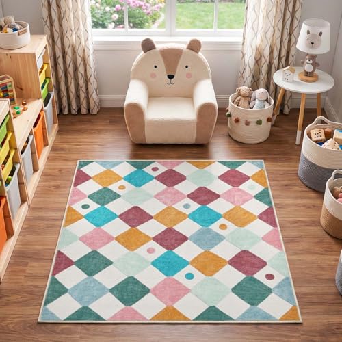 jinchan 4x4 Square Nursery Rug Washable Kids Rug Colorful Play Mat Confetti