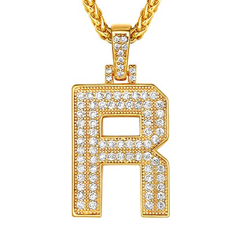Simulated Diamond Chain for Men with Pendent, R Chain Necklace, Womens Mens Letter Pendant Necklaces, Rapper Bling Jewelery, 18k Gold Plated Chain Initial Necklace