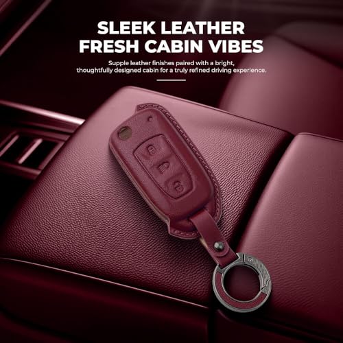 Image of Keyzone Premium Leather Key Cover & AC Vent Car Perfume Combo (4 Fragrances) | Compatible for Tata Curvv, Nexon, Harrier, Altroz, Punch, Safari, Tigor, Tiago, Zest, Bolt 3 Button flip Key. (Red)