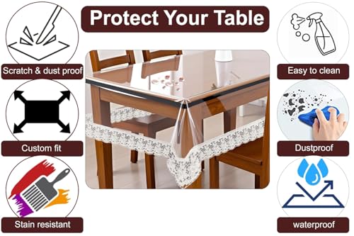 Image of The Furnishing Tree Rectangle Shaped 4 Seater Transparent Table Cover WxL 54x78 inches 0.25 mm Thickness with White Lace