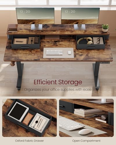 Image of VASAGLE Electric Standing Desk with Drawers, Sit Stand Desk with Built-in Power Strip, Adjustable Height, 55.1 x 23.6 Inches, 2 Hooks, Memory Function, for Home Office, Rustic Brown ULSD184KD01