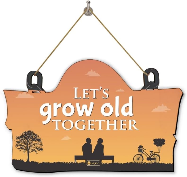 Indigifts Valentine Gift for Girlfriend Boyfriend Couple Let's Grow Old Together Wooden Door Wall Hanging 11.05x7 Inch