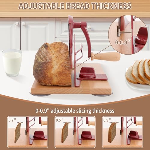 Image of CAWIU Manual Bread Slicer with Hand Crank- Adjustable Thickness Bread Cutter for Even Slices, Perfect for Homemade Sourdough, Sandwich, and More, Red