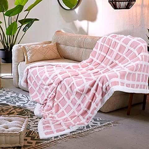 Pink Sherpa Fleece Blanket Girl Throw White Soft Fuzzy Women Plaid Textured Checkered Grid 50×60IN Light Pink Hot Fluffy Plush Blanket Double Sided Couch Sofa Warm Winter Cover