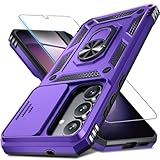 Janmitta Compatible with Samsung Galaxy S25 FE Case Built in Slide Camera Lens Cover+Screen Protector+Finger Ring Holder Kickstand,Heavy Duty Shockproof Full Body Phone Cover,2025 Purple