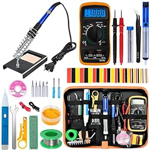 Soldering Iron Kit, 60W Adjustable Temperature, Digital Multimeter, 5pcs Soldering Tips, Wire, Stand, Desoldering Pump, Solder Wick, Tweezers, Welding Tool