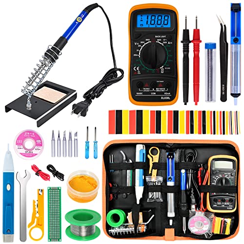 Soldering Iron Kit, 60W Adjustable Temperature, Digital Multimeter, 5pcs Soldering Tips, Wire, Stand, Desoldering Pump, Solder Wick, Tweezers, Welding Tool