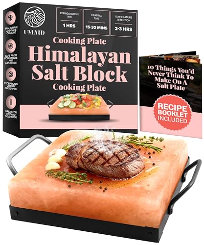UMAID Himalayan Salt Block Cooking Plate 8x8x1.5 for Cooking, Grilling, Cutting and Serving, Food Grade Rock Salt Stone On Steel Tray with Recipe Pamphlet Unique Gifts for Men, Women, Dads & Cooks