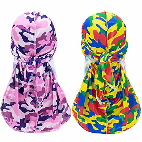 Urieo Silky Durag Cap Purple Silk 2 Packs 360 Wave Long Tail Headwraps Wide Straps Camouflage Wave Cap Headwear Hip Hop Sleep Cycling for Men and Women