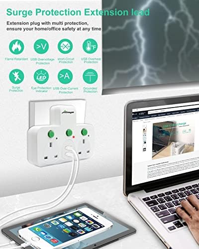 Plug Extension, Alitayee 2 Way Plug Adapter UK, Double Adapter Plug UK, 2 USB Multi Plug Socket Turns 1 into 4, 5V/2.4A Multi Socket Plug Extension with USB Socket , Wall Plugs Power Adapter for Home