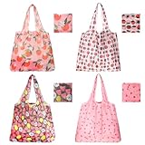 4PCS Extra Large 50lbs Reusable Shopping Bags, Foldable Grocery Bags for Kitchen and Supermarket, Washable Polyester Bag for Women, 4 Patterns Tote Bag in Pocket (Orange, Cherry, 2 Strawberries)