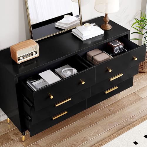 DWVO 6 Drawer Dresser, 47.2" Wide Black Wooden Drawers Storage Dresser with Golden Metal Handle & Anti-Tipping Device, Modern Double Chest of Drawers for Bedroom,Hallway, Entryway, Living Room