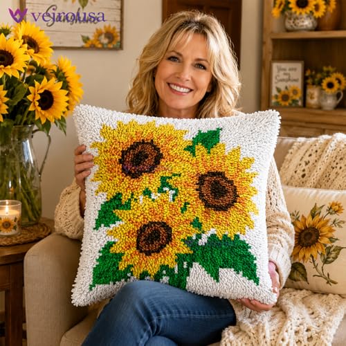 Image of veirousa Sunflowers Latch Hook Pillow Kits for Adults Beginners, DIY Floral Throw Pillowcase Kit, Pre-Printed Rug Hooking Set, Cross-Stitch Cushion for Home Sofa Decor & Gift Idea 17x17 Inch