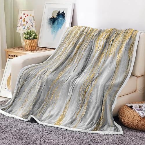 Gray Gold Throw Blanket, Grey Abstract Texture Soft Fleece Blankets for Couch Sofa Bedroom, Morden Blanket for Women Girls Gifts Fuzzy Fluffy Cozy Comfy Decorative for All Seasons