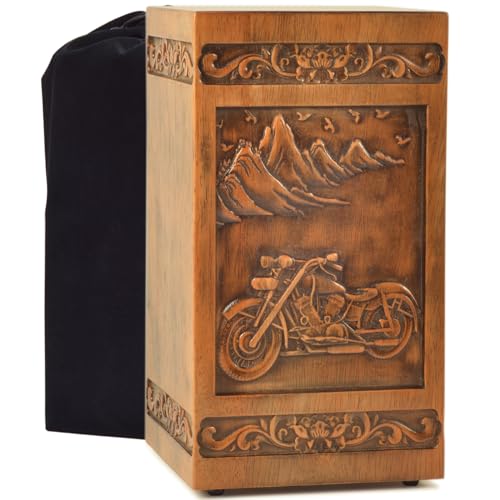 ZDYUEPING Wooden urn Human Ashes Cremation Adult Box Funeral Burial Male Casket Decorative Memorial funerary Men Large 250LBS Motorcycle