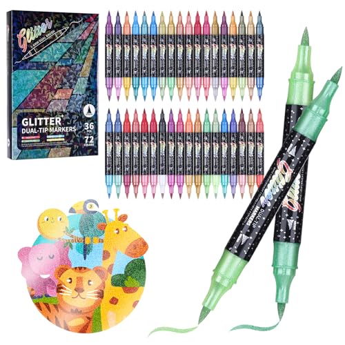 KEMYR Glitter Effect Brush Markers Pens 72 Colors Dual Tip Glitter Pens Set 36 Pack Metallic Sparkle Markers for Cards DIY Crafts Doodle Writing Adults Coloring Books Art Supplies Scrapbooking