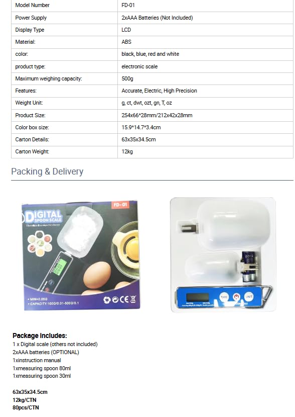 100g do 500g /0.1 FD01 Cyfrowa waga łyżki 500 g elektroniczna waga kuchenna łyżka podświetlenie LCD