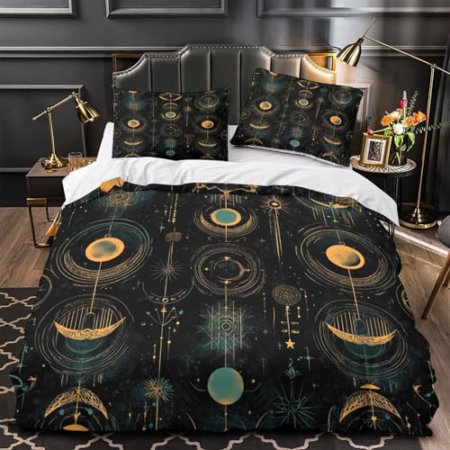 RJAVAGFZL Símbolos astrales Impresión 3D 3 Piezas cubrecama Diseño cósmico Vintage Funda de colchón Microfibra Transpirable antiácaros para Chicas Adolescentes Mujeres Super King（260x220cm）