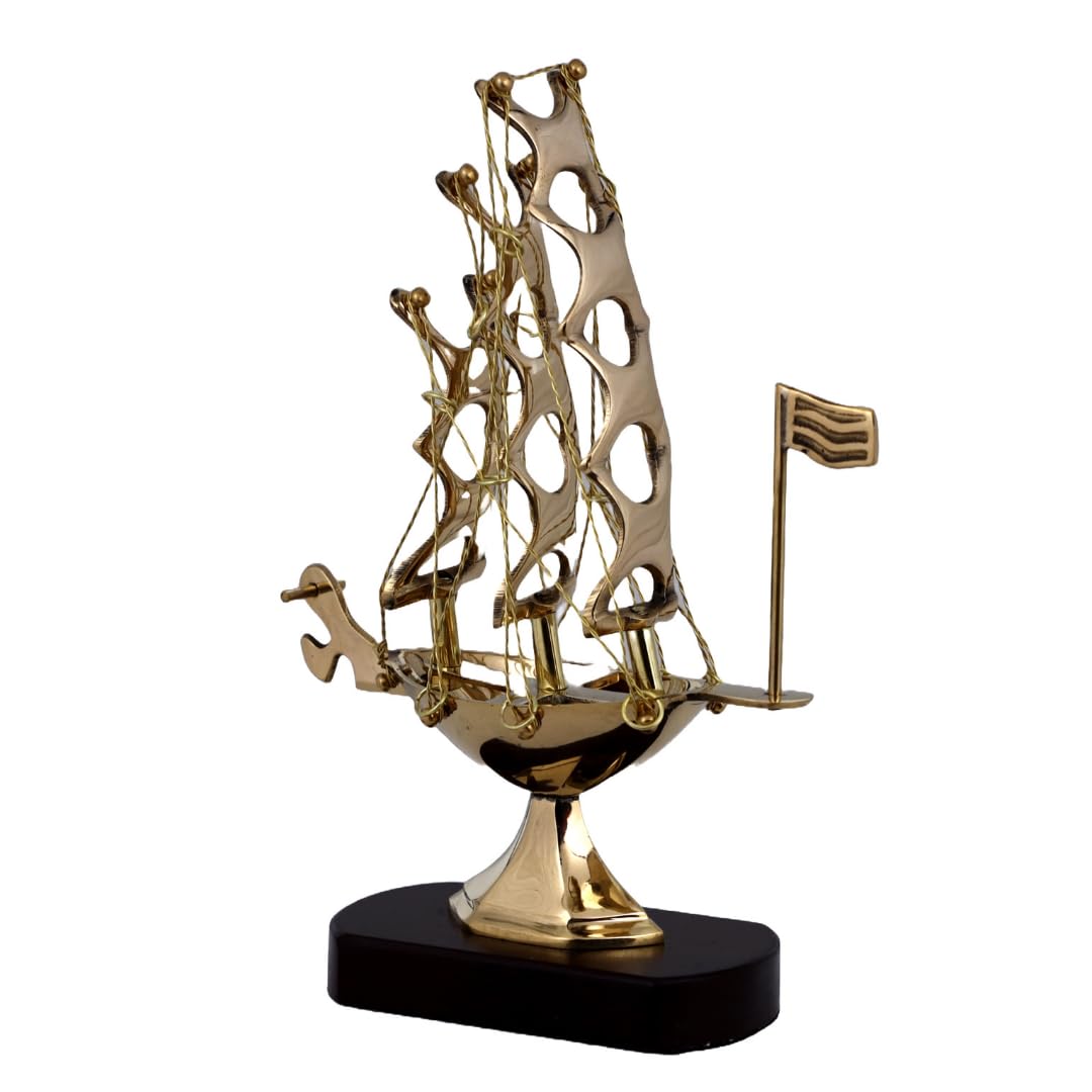 Decorative Brass Sailing Ship, Nautical Desktop Sculpture on Wooden Base SK 6-CP 1