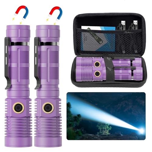 Hoxida Small Tactical Flashlights High Lumens - 1500 Meters Long Beam Super Bright LED Magnetic Flashlight USB Rechargeable Zoomable 5Modes Long Beam Spotlight Flashlight for Hiking, Camping-Purple