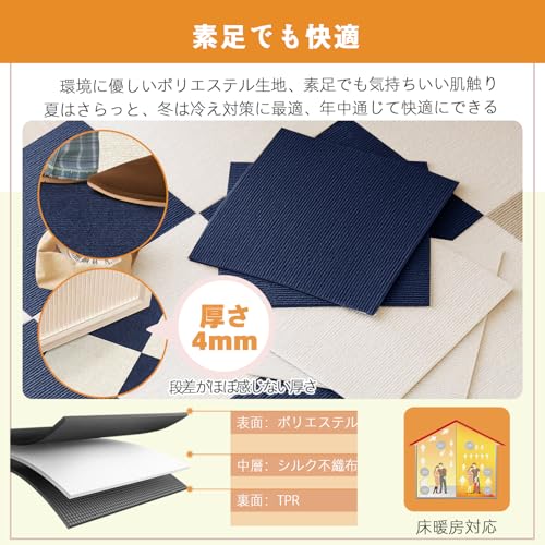 【Amazon 限定ブランド】タイルカーペット HDMOD ジョイントマット【45x45cm 厚さ4mm】 40枚 吸着マット タイルマット ズレない カーペット 防音 フローリングカーペット 滑りとめ 防臭防菌 床暖房対応 洗濯機洗える ペット用カーペット お手入れ簡単 設置簡単（ネイビーブルー&オフホワイト） [3]