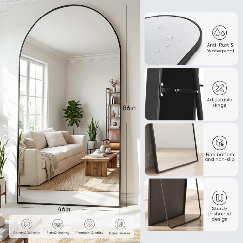 Image of Full Length Mirror, 86 inchx46 inch Arched Floor Mirror Freestanding, Floor Standing Full Body Mirror with Stand for Bedroom, Hanging Mounted for Living Room Cloakroom, Black