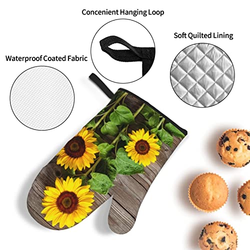 Spring Sunflowers On Board Oven Mitts And Pot Holders Sets Of 4 High Heat Resistant Summer Flowers Vintage Oven Mitts With Oven Gloves And Hot Pads Potholders For Kitchen Bbq Non-Slip Cooking Mitts #TOP4