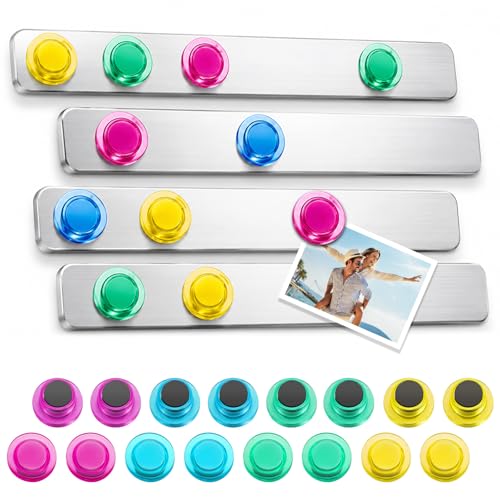 DESPOINA 4 Stück Magnetleiste Selbstklebend & 16 Transparente Farbige Magnete Edelstahl Magnetstreifen für Magnettafel Memotafel Fotowand Büro Pinnwand Kalender Dokumente