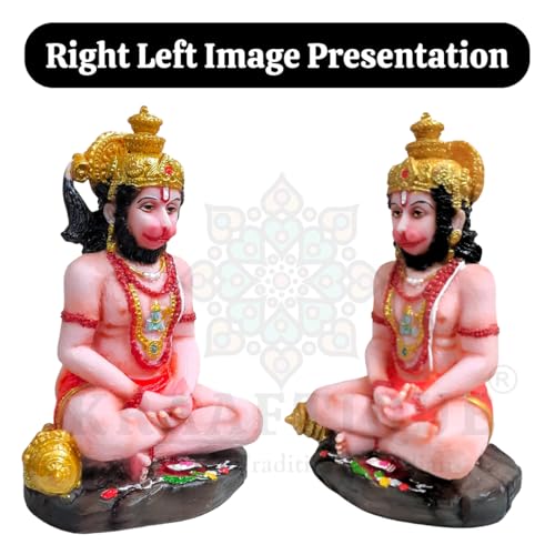 Image of Marble Dhyan Mudra Hanuman Ji Statue 5.5 Inch, Meditating Lord Hanuman Idol, Multicolor Glossy Finish for Home Temple & Decor