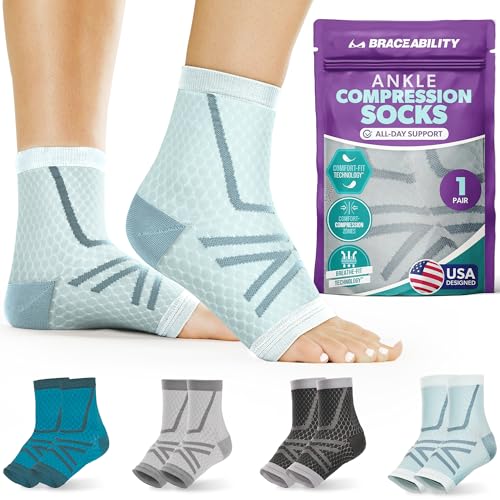 Image of BraceAbility Athletic Ankle Compression Socks for Men and Women - Toeless Running Ankle Brace Support Sleeves for Sports, Workouts, Plantar Fasciitis, Achilles Tendonitis, Foot Pain (XL - Light Blue)