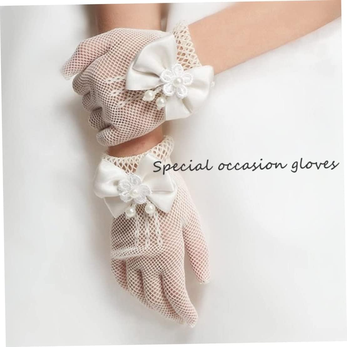 Flower Girls Bow Tie Lace Gloves, Bowknot Lace Pearl Decor for Holy Communion Pageant Evening