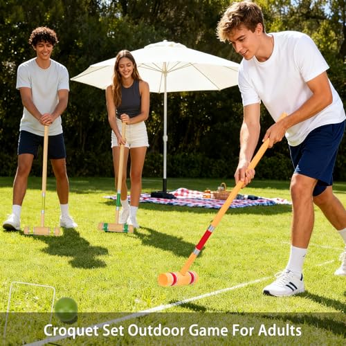 Pointyard Six Player Croquet Set, 28’’ Croquet Set with Wooden Mallets/Colored Ball/Wickets/Stakes for Adults/Teenager/Family-Perfect for Lawn/Backyard Game/Park (Includes Carry Bag)