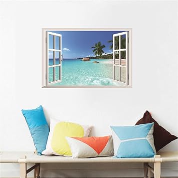 3D Fake Window View Beach Scenery Wall Sticker Mural Art Decal for Home Decor - Beach