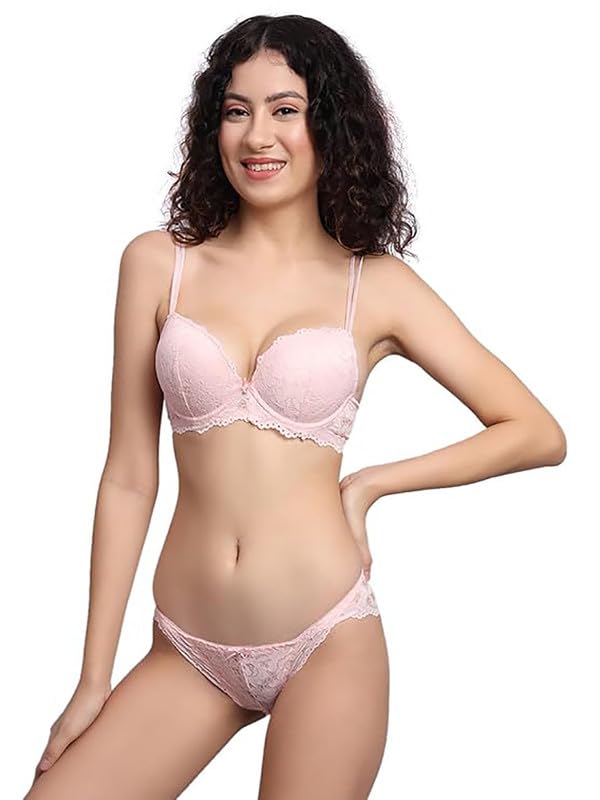 Image of Brachy Women's Net Fabric Padded Underwire Push-Up Bridal Bra Panty Set