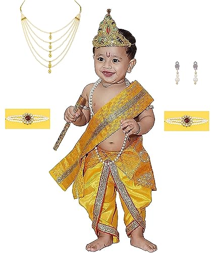 Image of Raj Fancy Dresses Shri Krishna Dress for Baby Boy & Girl, Janmashtmi Dress with Diaper-friendly Dhoti & Dupatta, Mor Pankh Mukut,RFD-BKP- 4, 3-Months