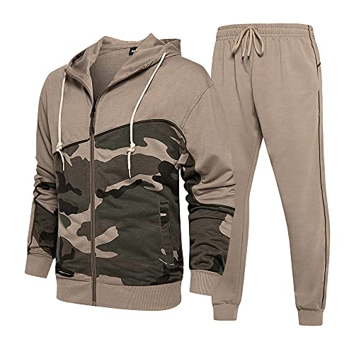 CALUOMATT Men's Splicing Tracksuit Athletic Full Zip Casual Sports Jogging Gym Sweatsuit, Khaki-2XL
