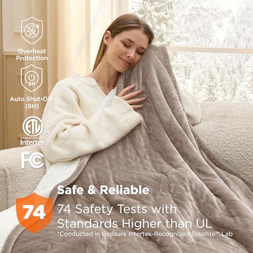 Image of Bedsure Heated Blanket Throw Blanket - Fast Heating Electric Blanket, Soft Flannel Throw with 6 Time Settings(Up to 10H), 6 Heating Settings, Gifts for Grandma Grandpa Seniors (50 inchx60 inch, Taupe)