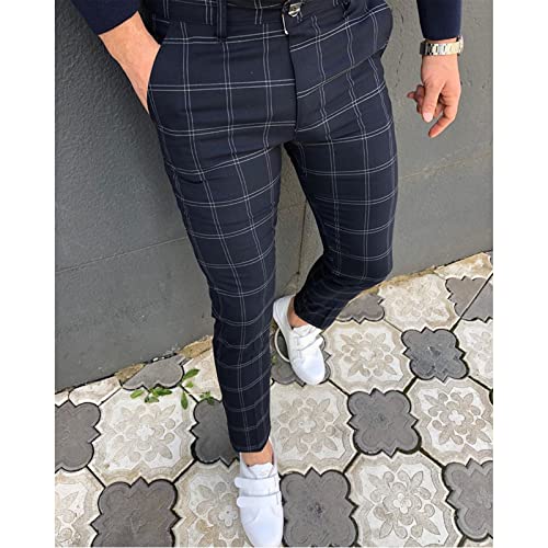 Men's Skinny Fit Plaid Pants Business Dress Pants Stretch Slim Fit Casual Trousers Golf Work Long Pants Navy Blue #TOP1