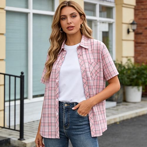 Image of SANGTREE Girls and Women Plaid Shirt Short Sleeve Button Down Summer Blouses Tops