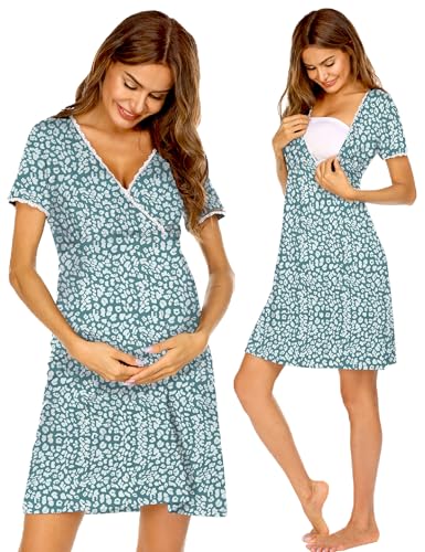 Image of Ekouaer Nursing Nightown Short Sleeve Maternity Breastfeeding Dress Floral Delivery and Labor Gown for Hospital Green Leopard Large