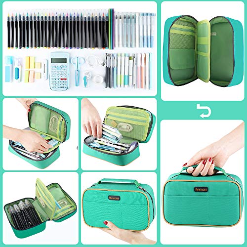 Homecube Pencil Case Big Capacity Storage Pen Bag Makeup Pouch Zippered Students Stationery Bag With Outer Pockets And Handle- 8.23X5.12X3.15- Green #TOP1